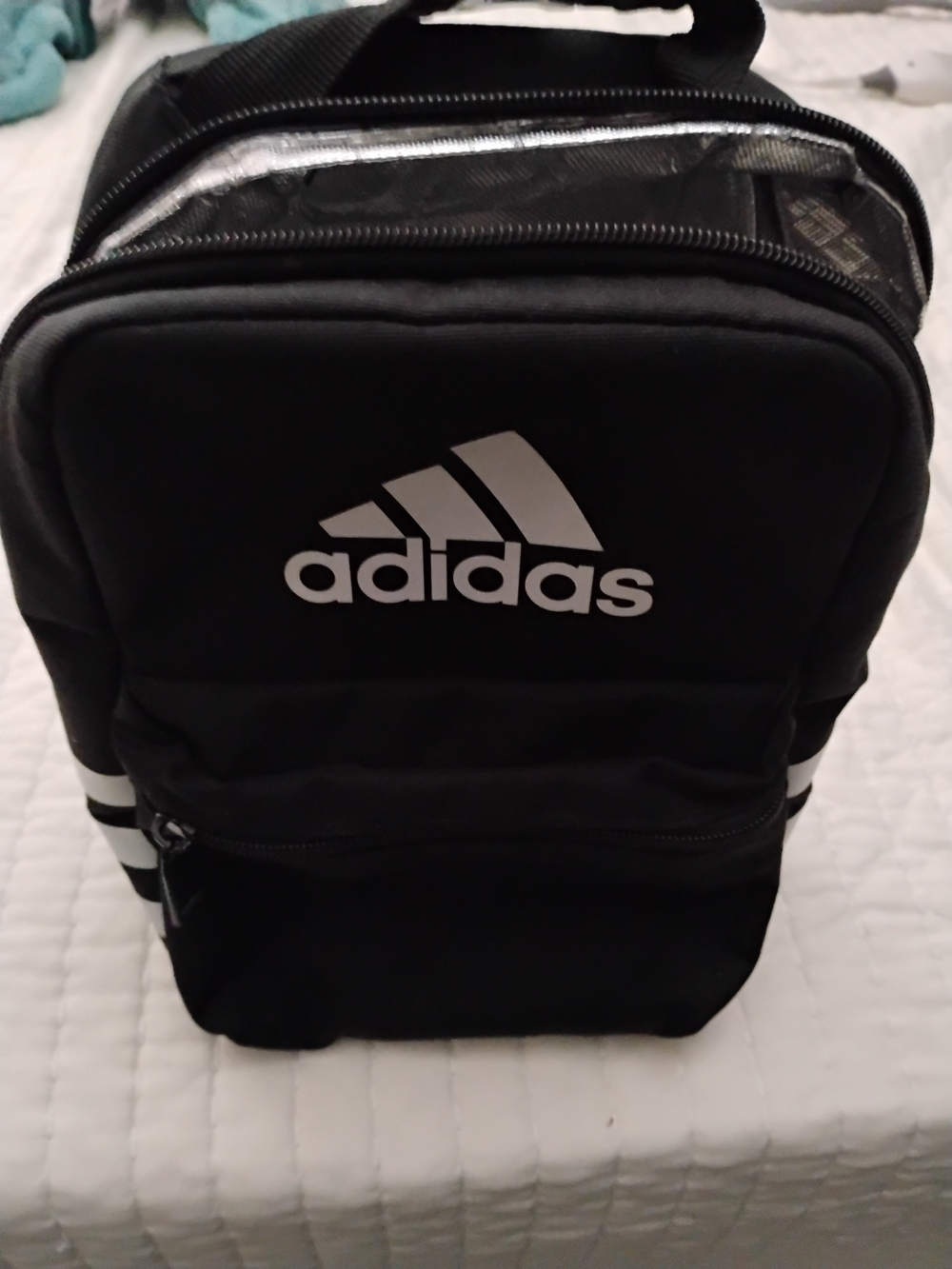 adidas Black and White Logo Backpack with Front Zip Pocket
